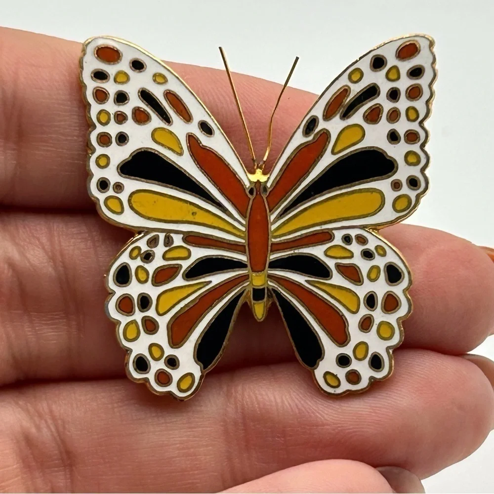 Small Gold Tone Butterfly Brooch White, Black and Orange Nature Beautiful